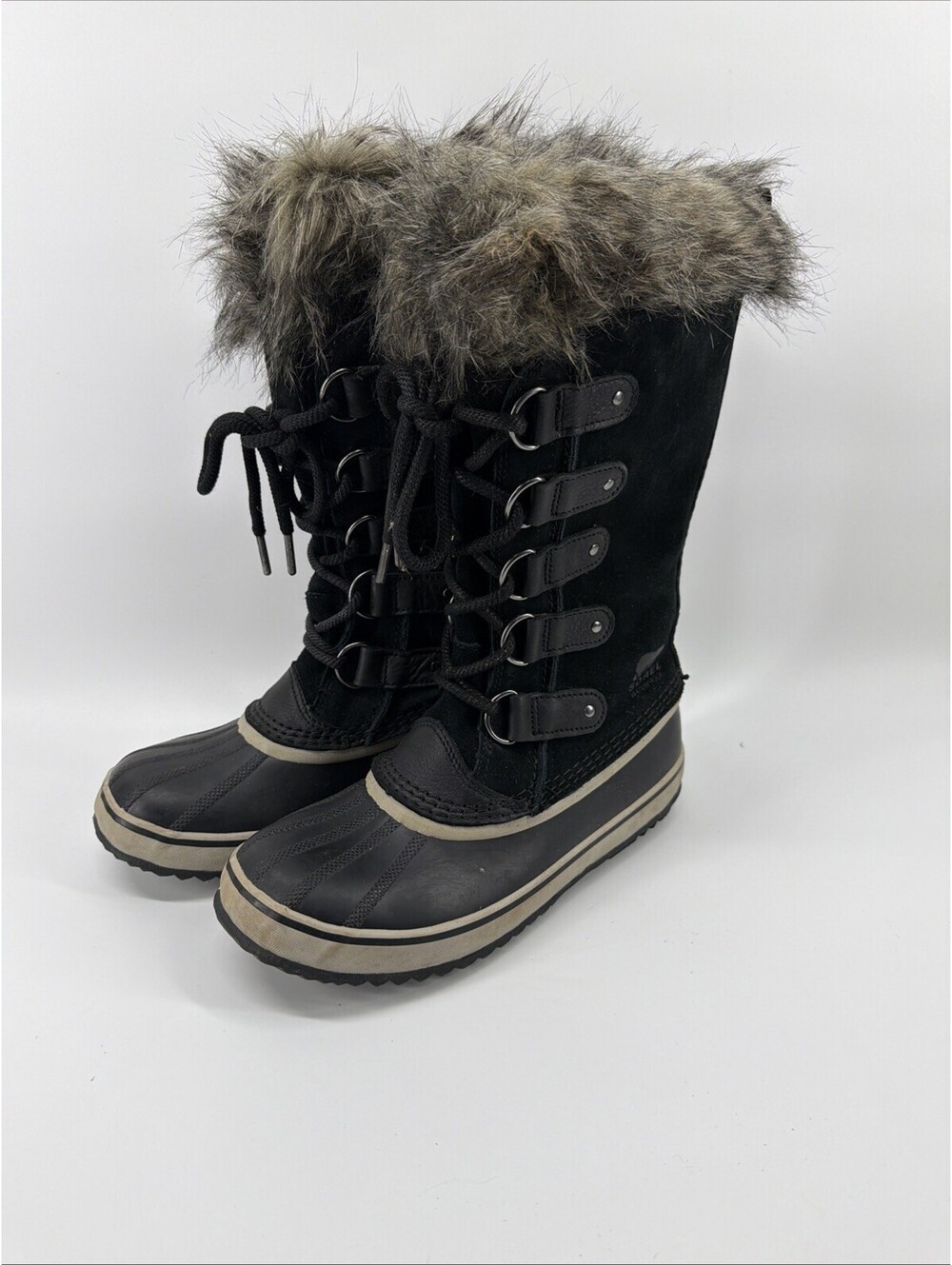 SOREL Joan of Arctic Black/Black Leather Faux Fur Waterproof Winter Boots-Sz 7.5